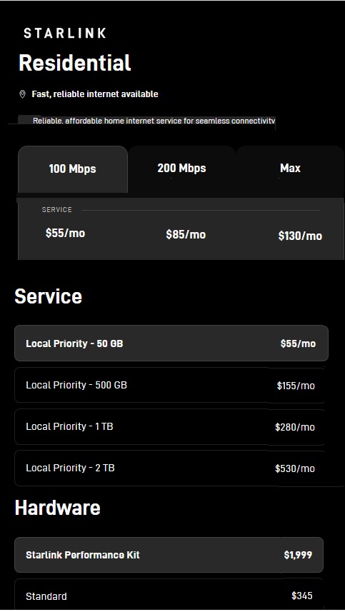 Starlink internet service & system pricing